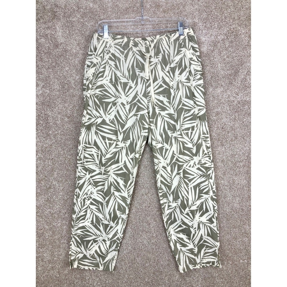 Cathy Tropical Palm Leaf Linen Blend Pants Womens XL Olive Green Relaxed Coastal